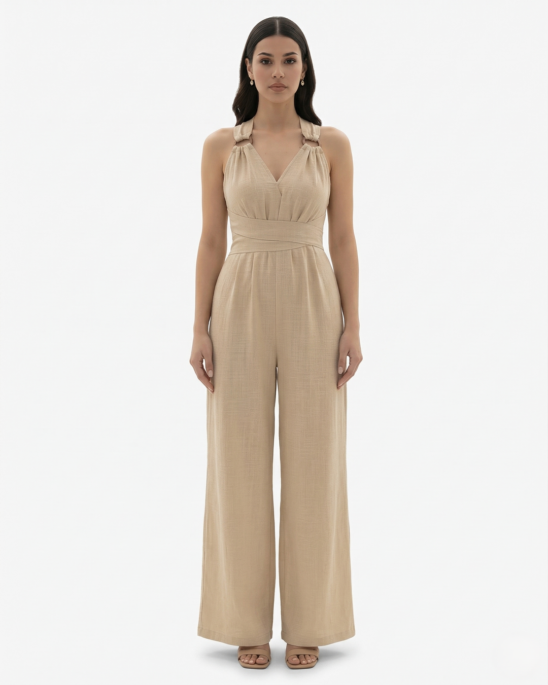 Wide Leg Jumpsuit Sleeveless V Neck Tie Waist Crisscross Back