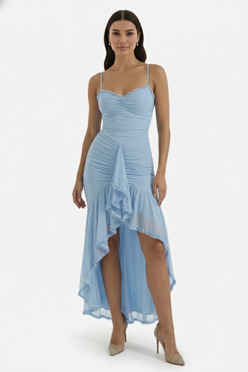 Evening Gown Ruched Mesh Ruffle Assymetrical Hem - Siopie