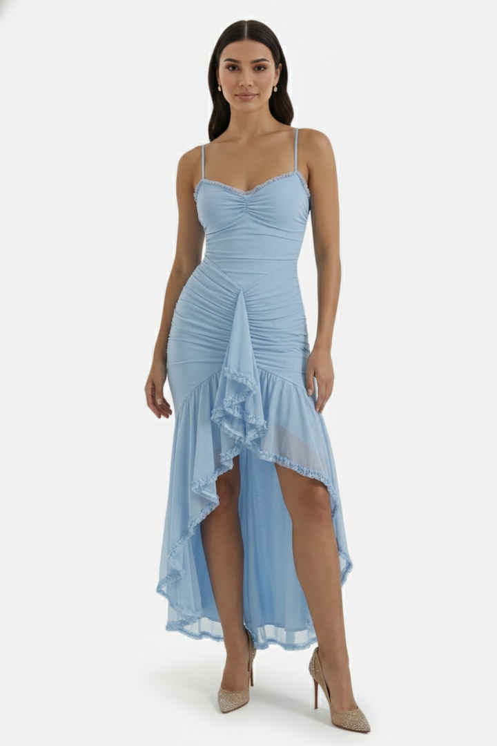 Evening Gown Ruched Mesh Ruffle Assymetrical Hem - Siopie