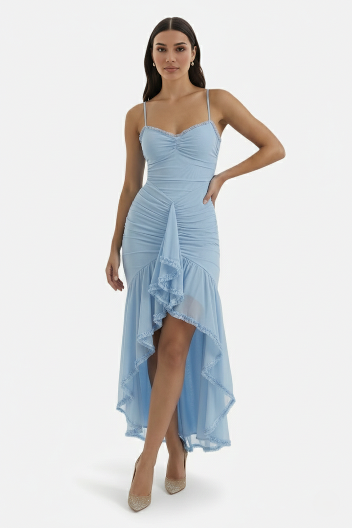 Evening Gown Ruched Mesh Ruffle Assymetrical Hem - Siopie
