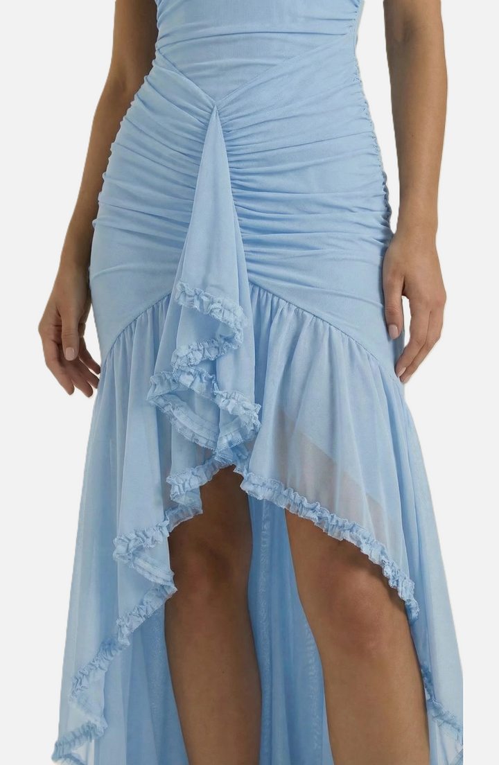 Evening Gown Ruched Mesh Ruffle Assymetrical Hem - Siopie