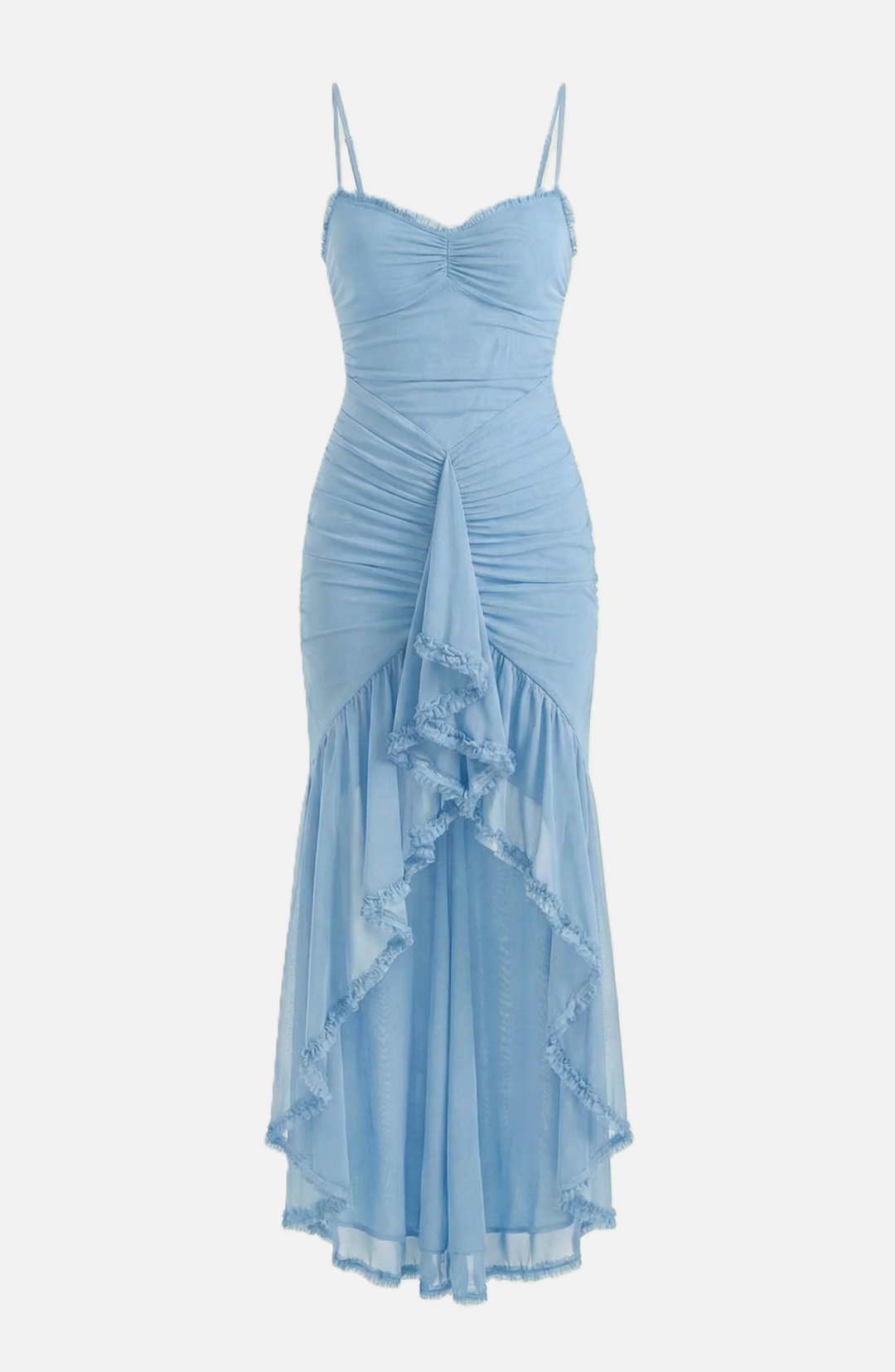 Evening Gown Ruched Mesh Ruffle Assymetrical Hem - Siopie
