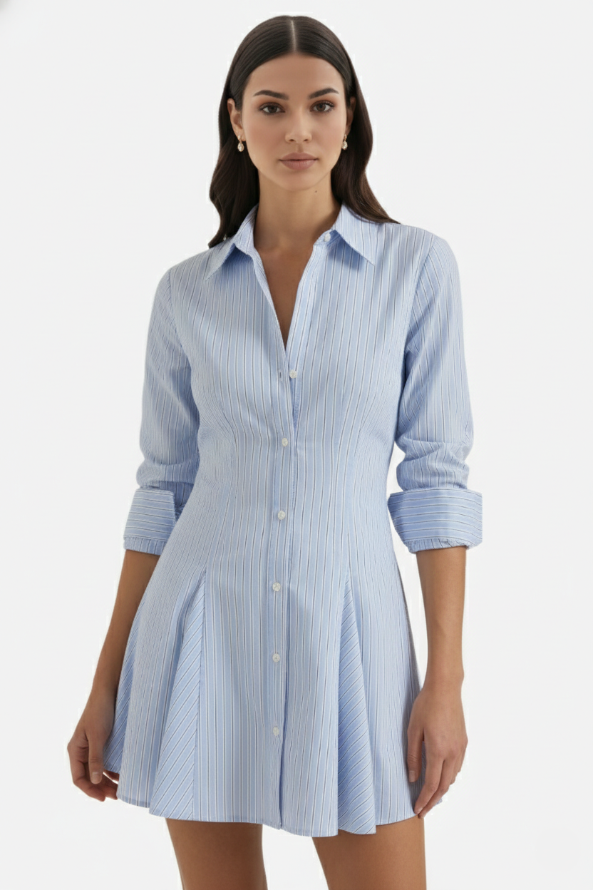 Striped Button Down Shirt Dress - Pleated Mini - Siopie