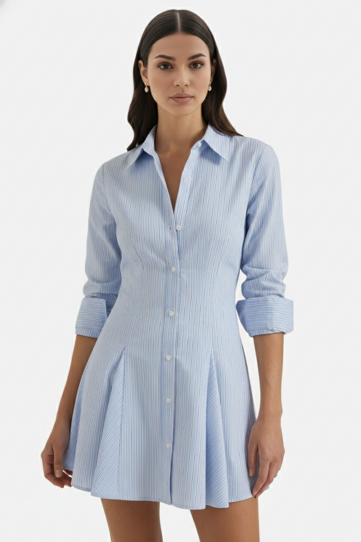 Striped Button Down Shirt Dress - Pleated Mini - Siopie