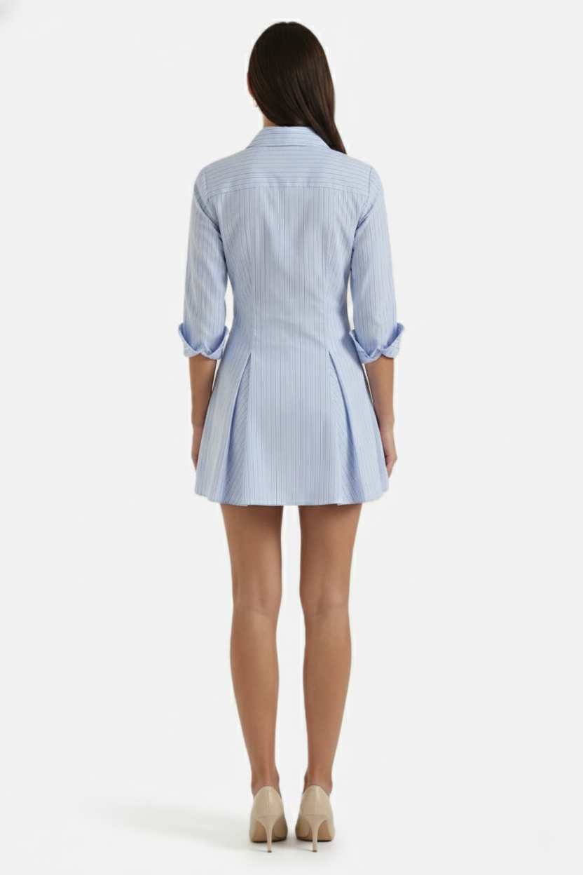 Striped Button Down Shirt Dress - Pleated Mini - Siopie