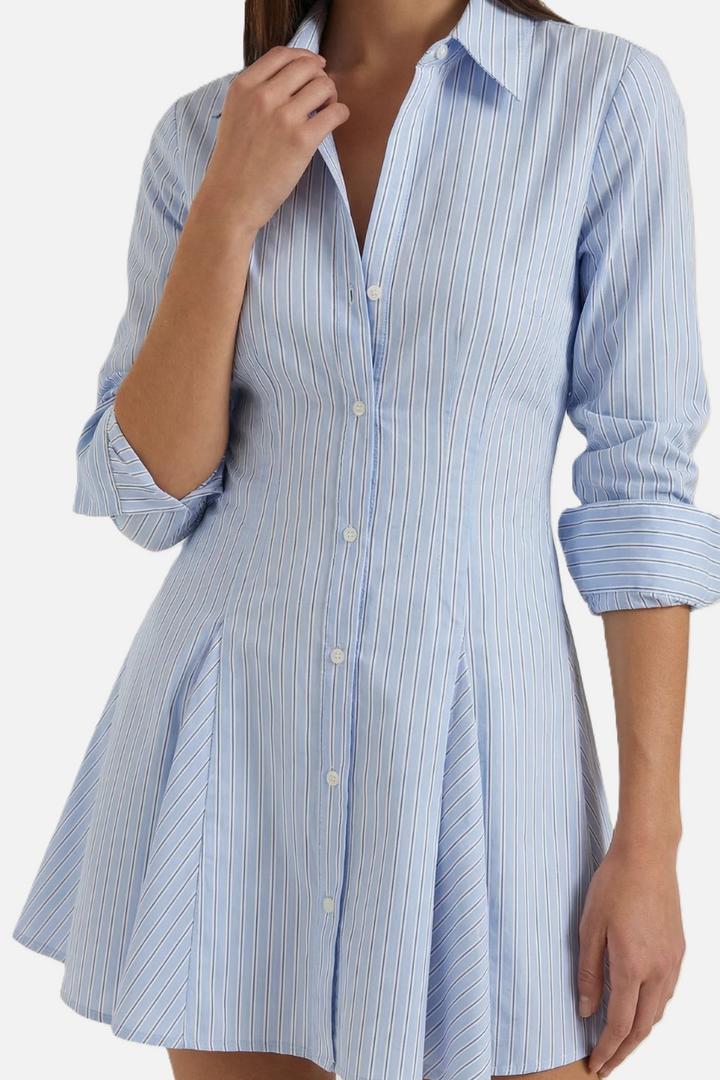 Striped Button Down Shirt Dress - Pleated Mini - Siopie