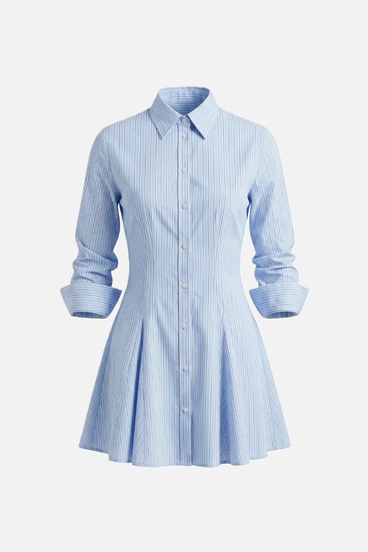 Striped Button Down Shirt Dress - Pleated Mini - Siopie
