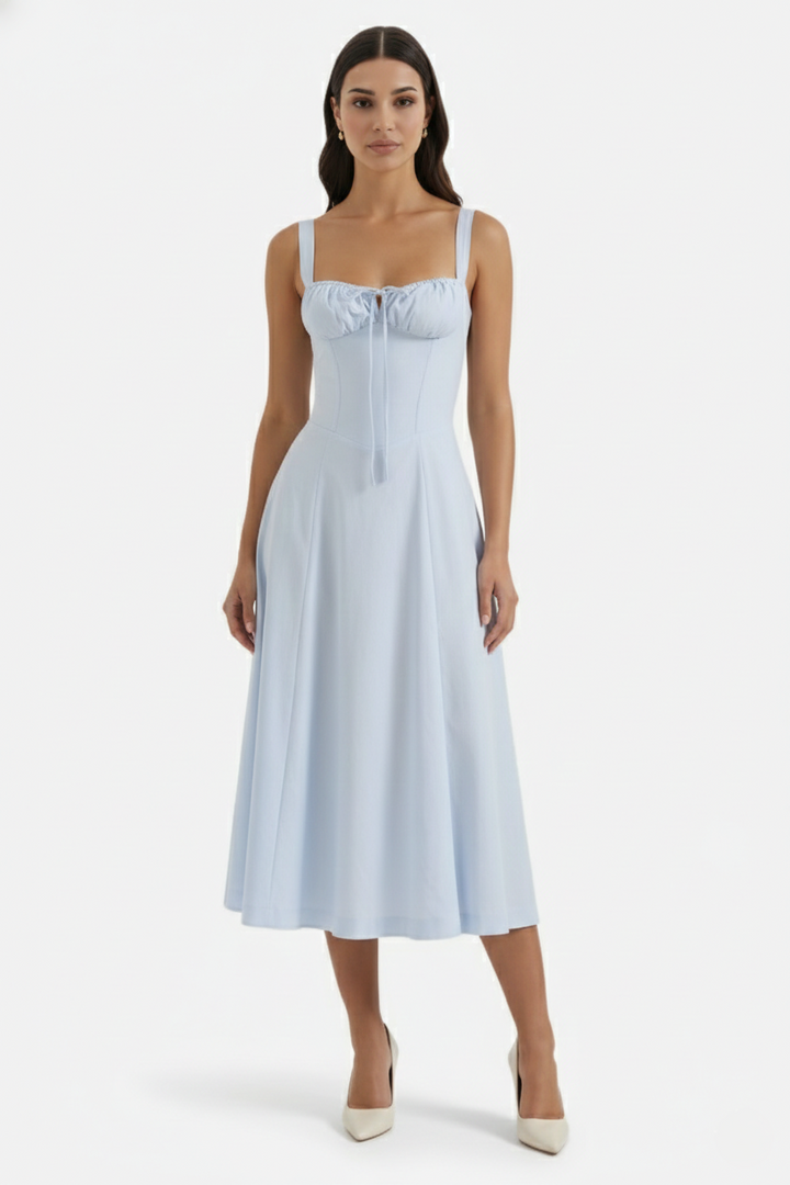 Summer Midi Dress Ruched Bust Tie Lace Up Back - Siopie