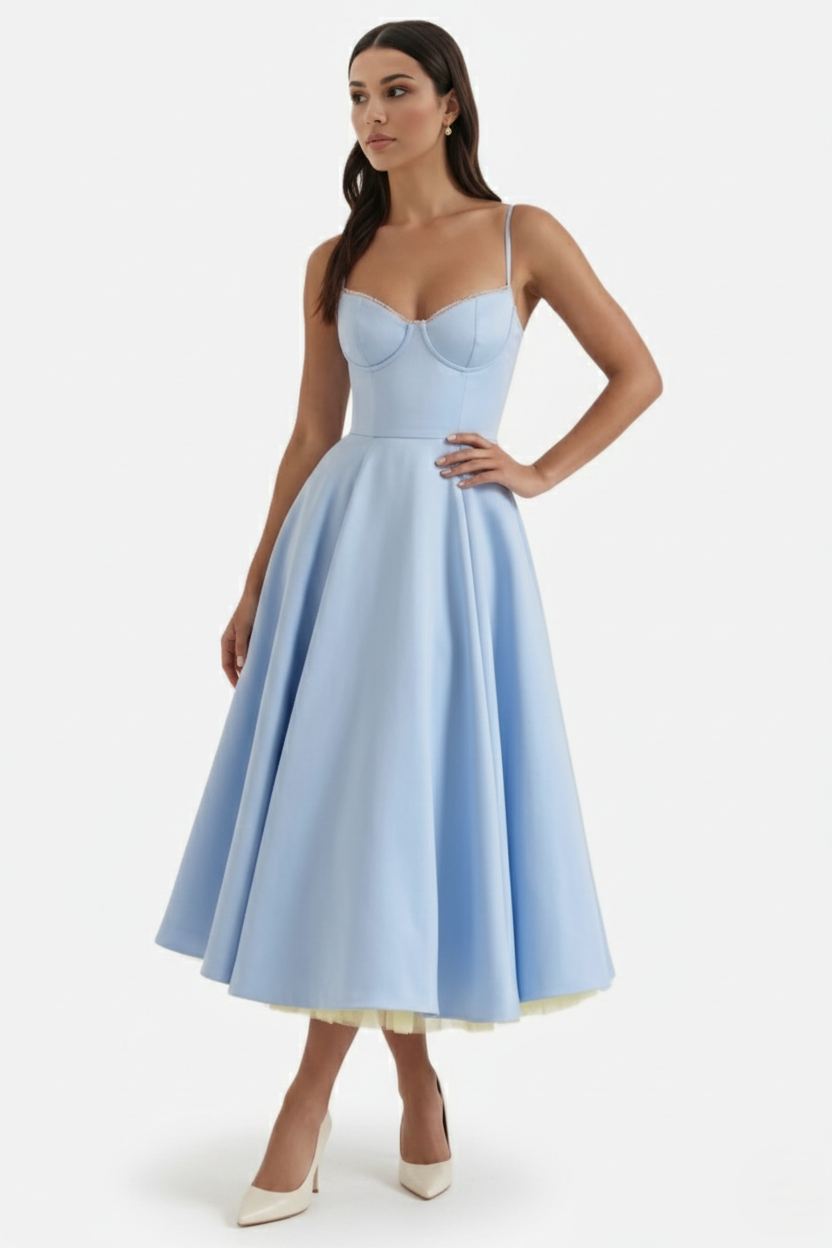 Sweetheart Bustier Midi Dress with Full Circle Skirt and Tulle Hem - Siopie