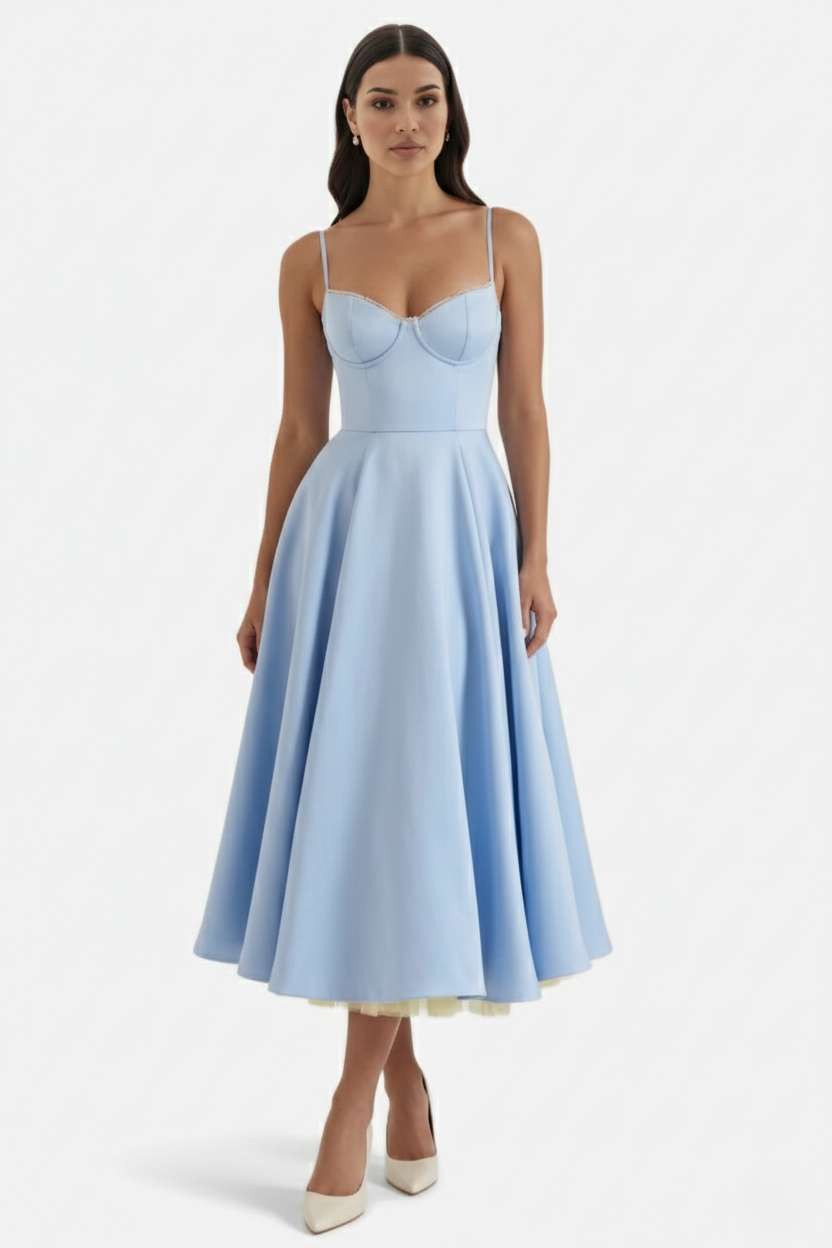 Sweetheart Bustier Midi Dress with Full Circle Skirt and Tulle Hem - Siopie