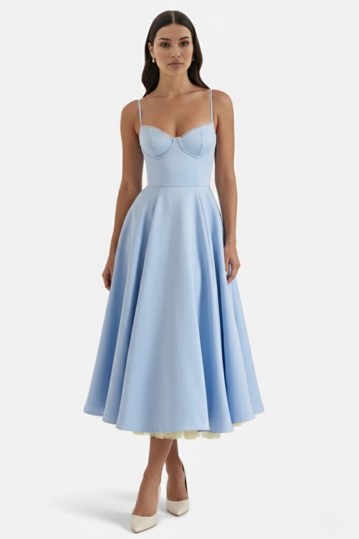 Sweetheart Bustier Midi Dress with Full Circle Skirt and Tulle Hem - Siopie