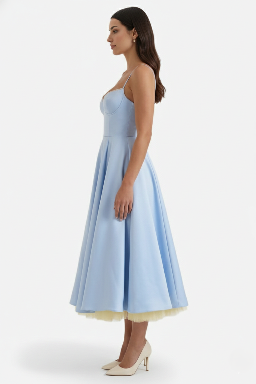 Sweetheart Bustier Midi Dress with Full Circle Skirt and Tulle Hem - Siopie