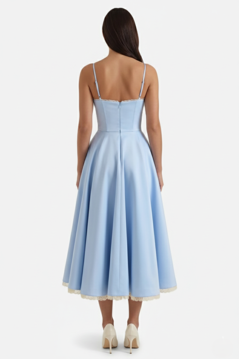 Sweetheart Bustier Midi Dress with Full Circle Skirt and Tulle Hem - Siopie