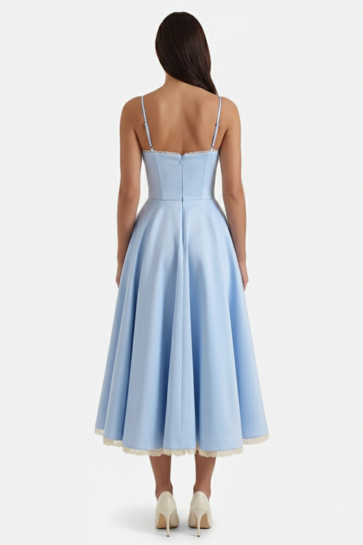 Sweetheart Bustier Midi Dress with Full Circle Skirt and Tulle Hem - Siopie