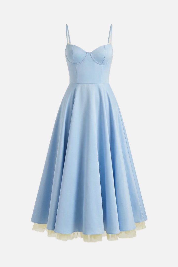 Sweetheart Bustier Midi Dress with Full Circle Skirt and Tulle Hem - Siopie