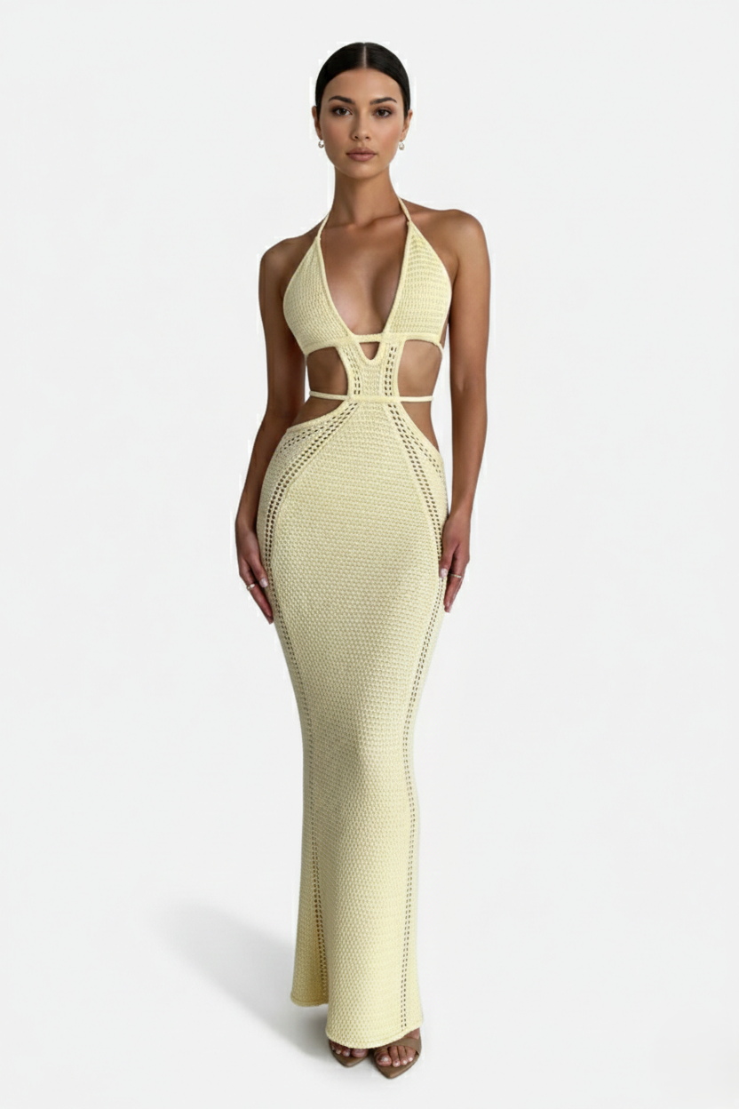 Crochet Cutout Halter Neck Backless Bodycon Maxi Dress  - Siopie