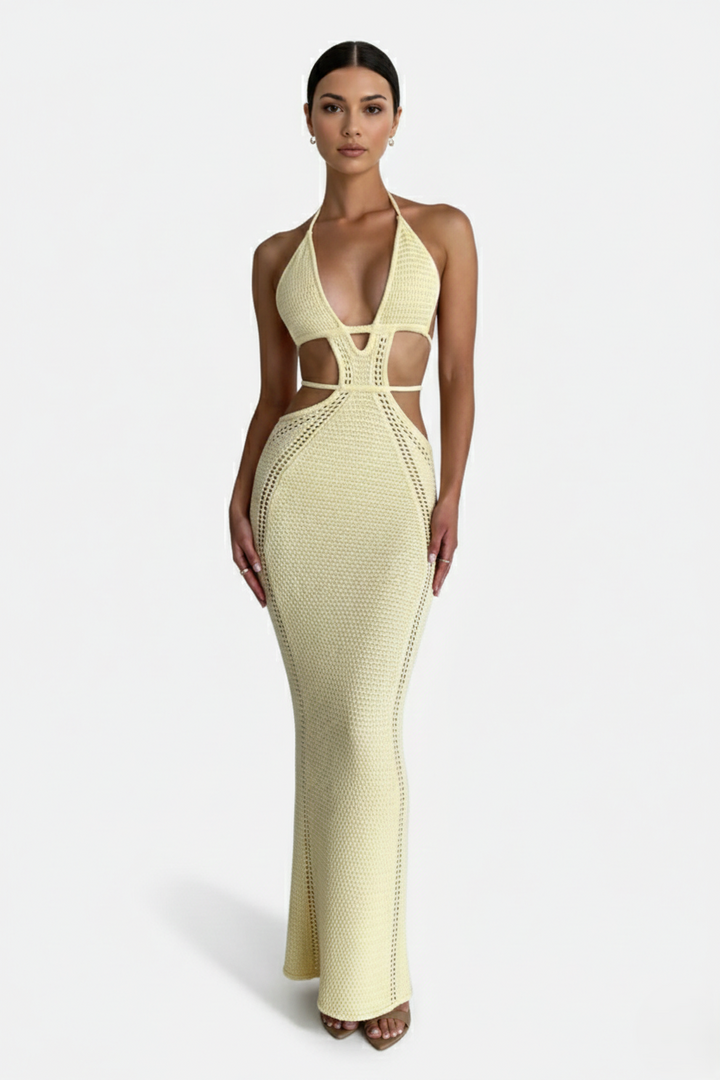 Crochet Cutout Halter Neck Backless Bodycon Maxi Dress  - Siopie