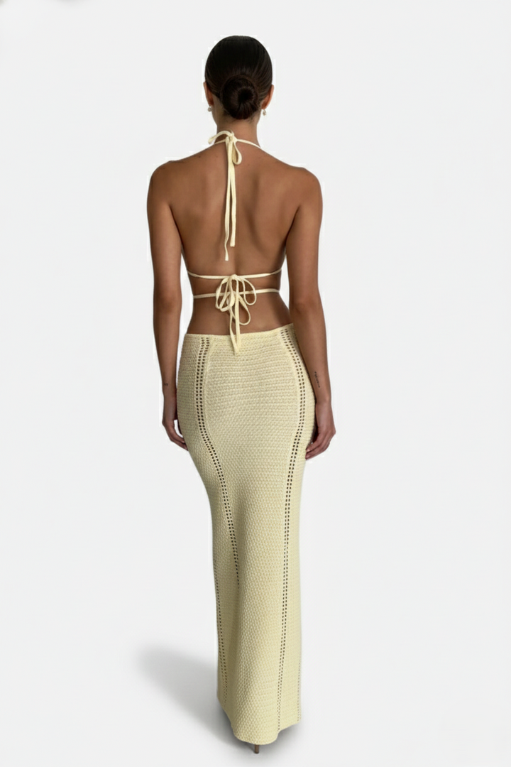 Crochet Cutout Halter Neck Backless Bodycon Maxi Dress  - Siopie
