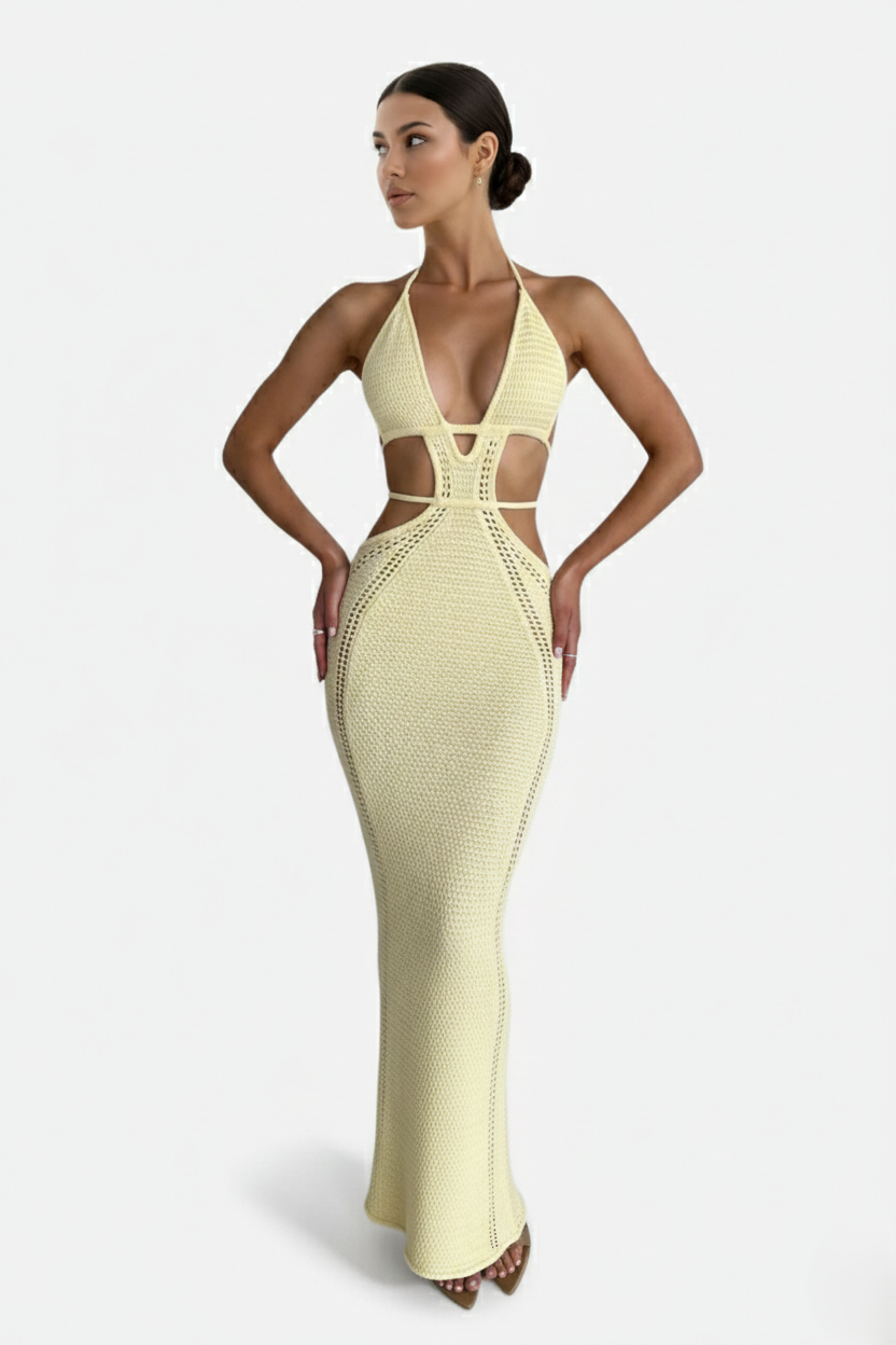 Crochet Cutout Halter Neck Backless Bodycon Maxi Dress  - Siopie