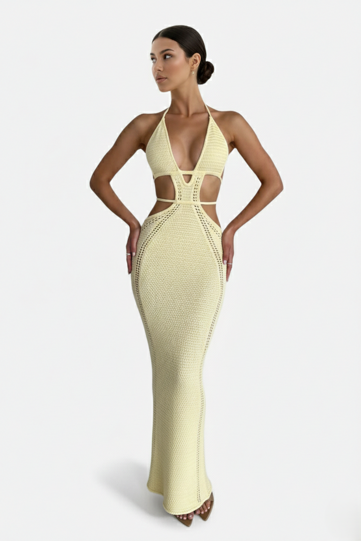 Crochet Cutout Halter Neck Backless Bodycon Maxi Dress  - Siopie