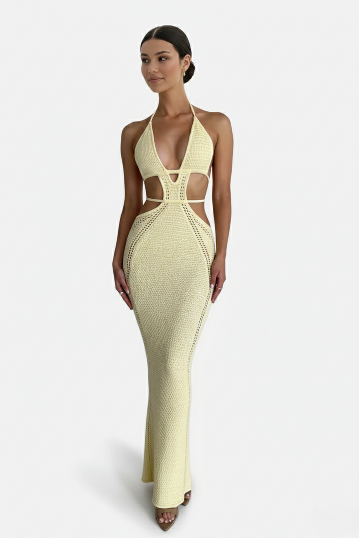 Crochet Cutout Halter Neck Backless Bodycon Maxi Dress  - Siopie