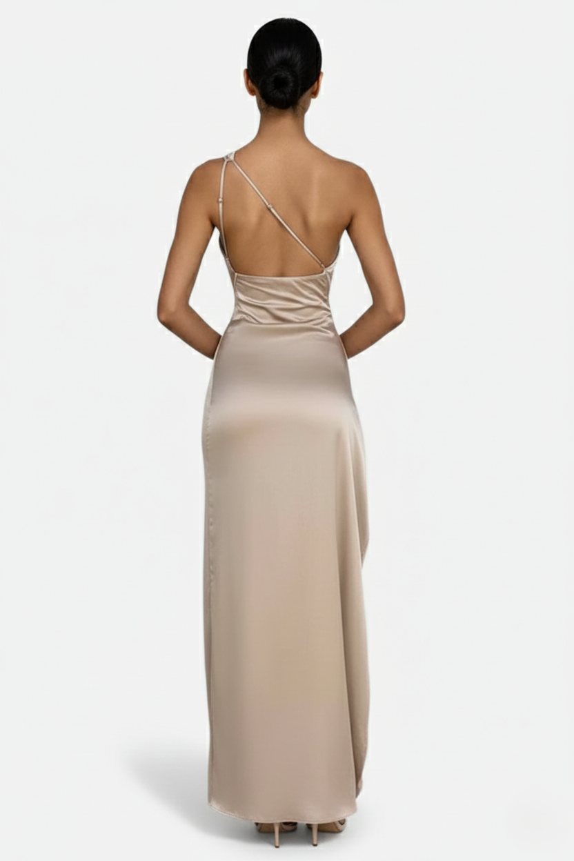 Satin One-Shoulder Maxi Dress High Side Slit - Siopie