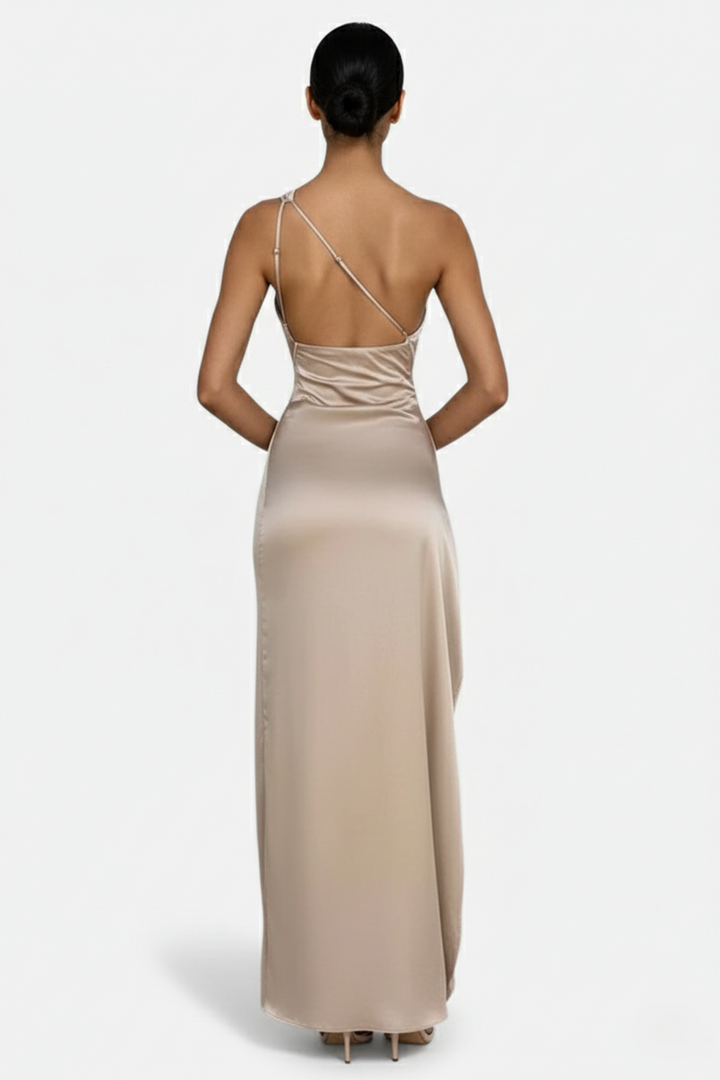 Satin One-Shoulder Maxi Dress High Side Slit - Siopie