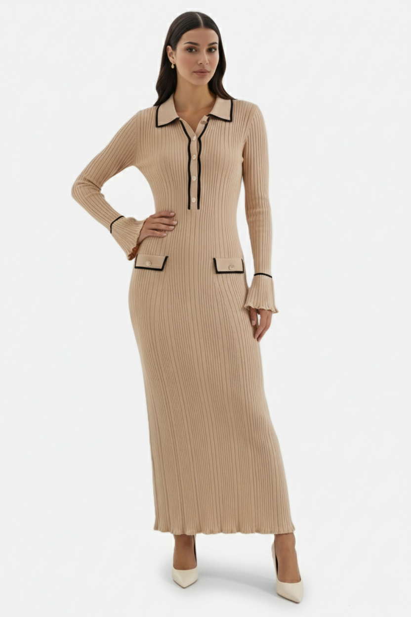 Knitted Polo Maxi Dress with Contrast Trim and Long Sleeves - Siopie