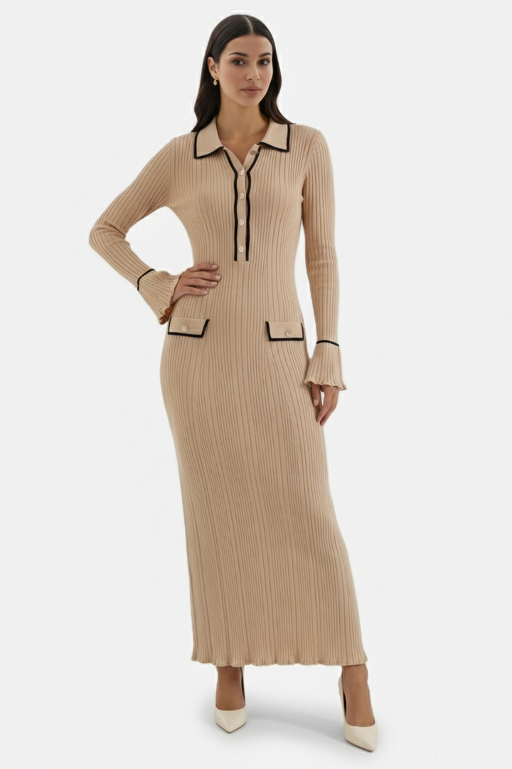 Knitted Polo Maxi Dress with Contrast Trim and Long Sleeves - Siopie