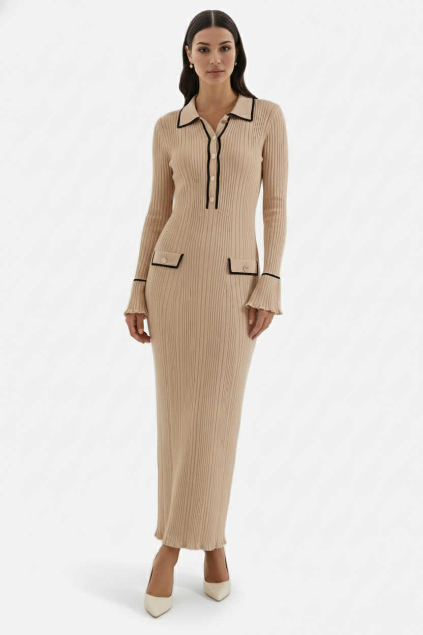 Knitted Polo Maxi Dress with Contrast Trim and Long Sleeves - Siopie