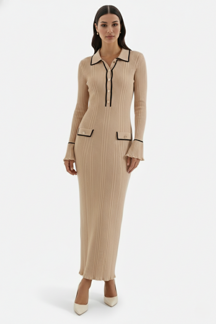 Knitted Polo Maxi Dress with Contrast Trim and Long Sleeves - Siopie