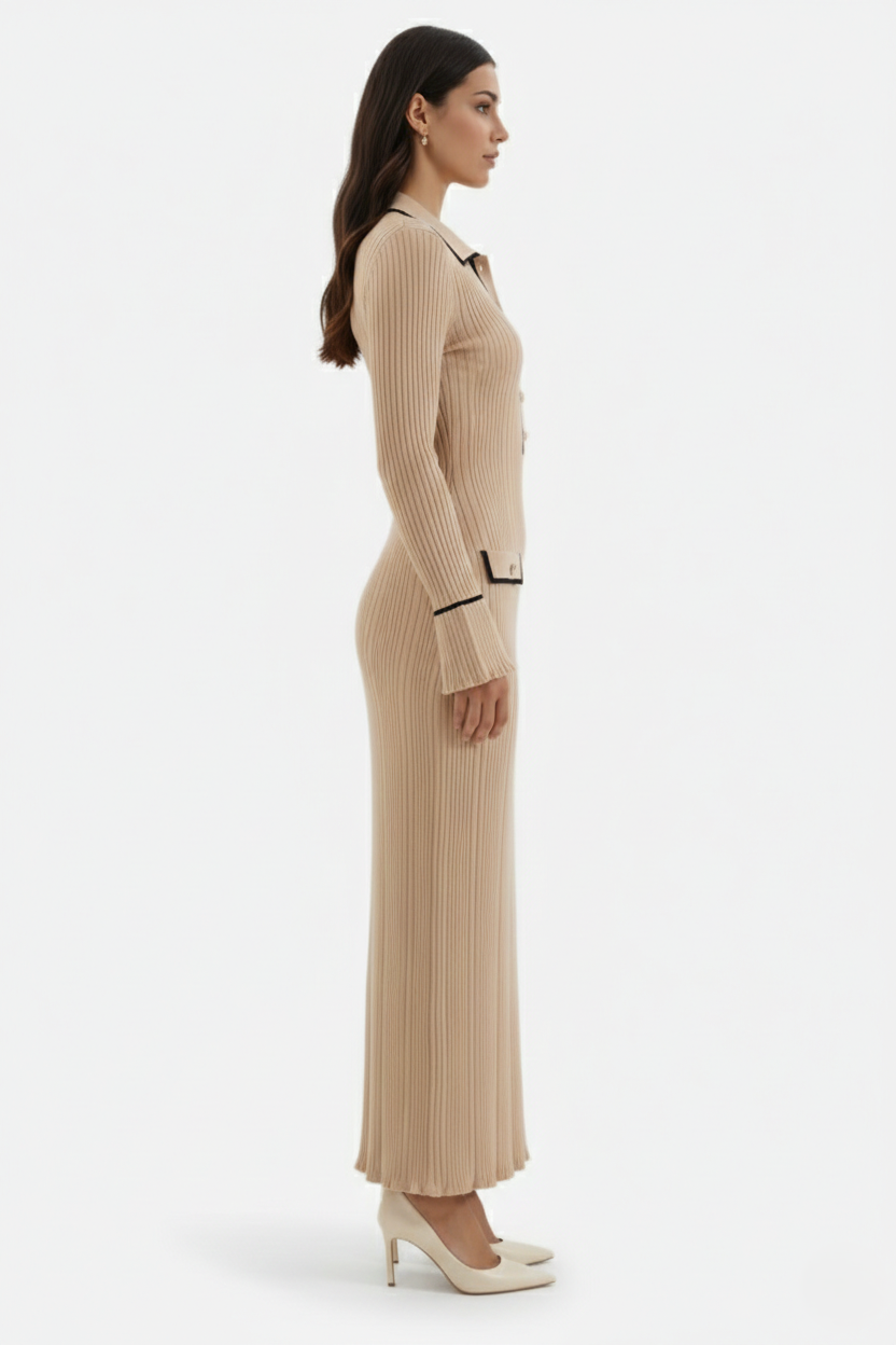 Knitted Polo Maxi Dress with Contrast Trim and Long Sleeves - Siopie