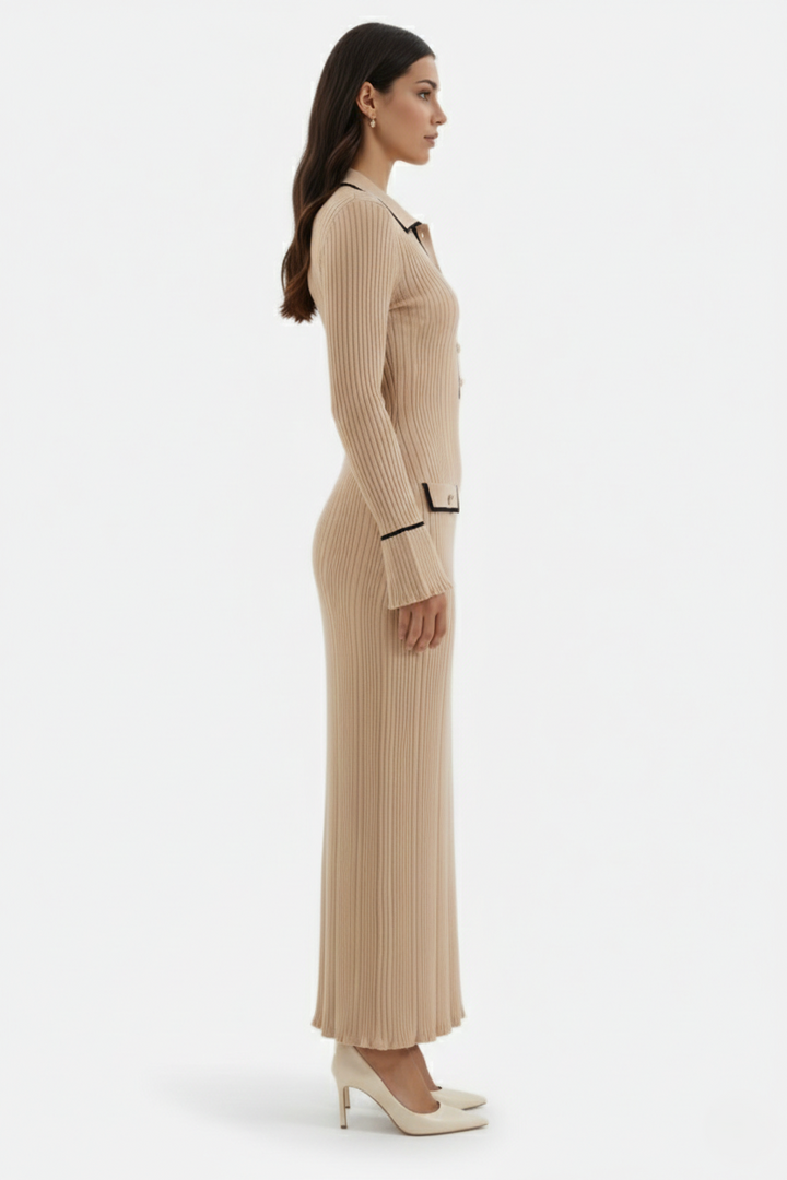 Knitted Polo Maxi Dress with Contrast Trim and Long Sleeves - Siopie
