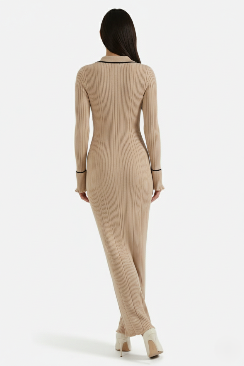 Knitted Polo Maxi Dress with Contrast Trim and Long Sleeves - Siopie
