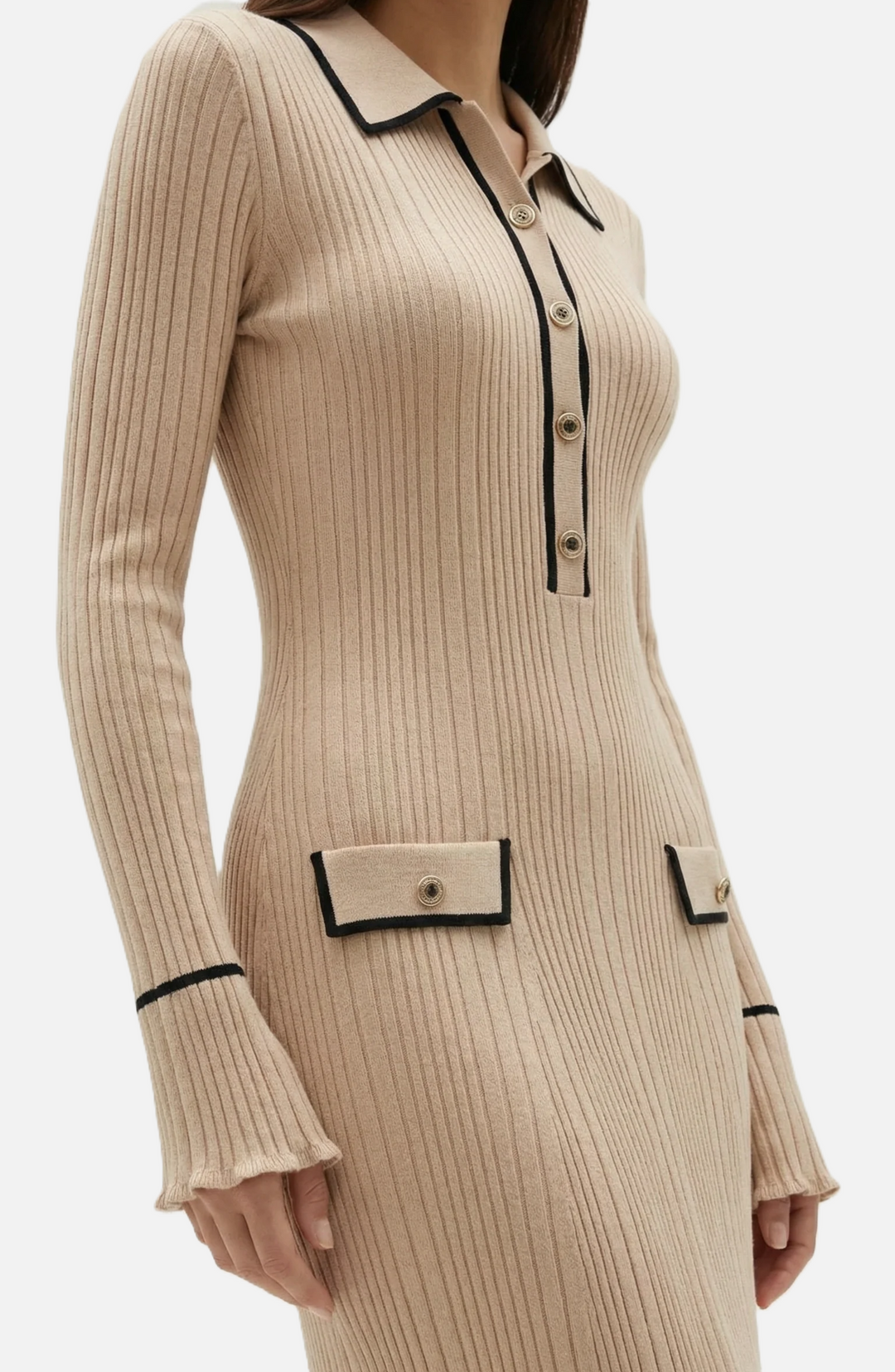 Knitted Polo Maxi Dress with Contrast Trim and Long Sleeves - Siopie