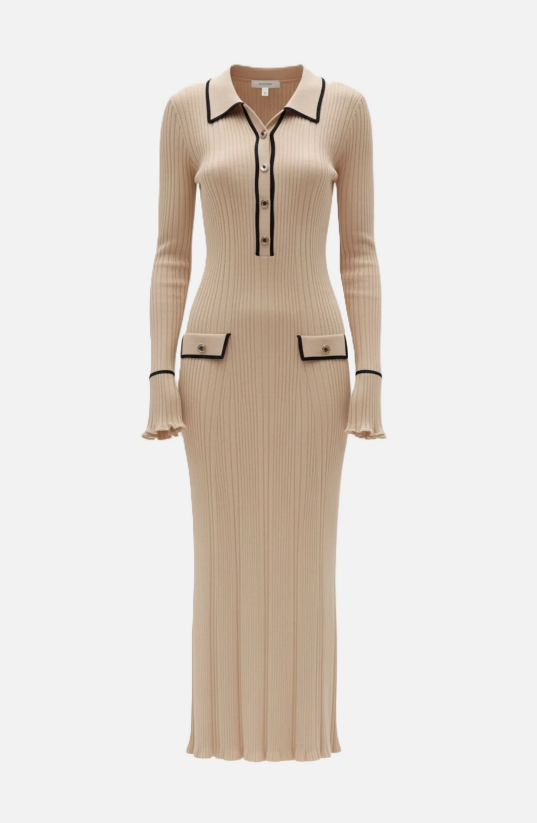 Knitted Polo Maxi Dress with Contrast Trim and Long Sleeves - Siopie