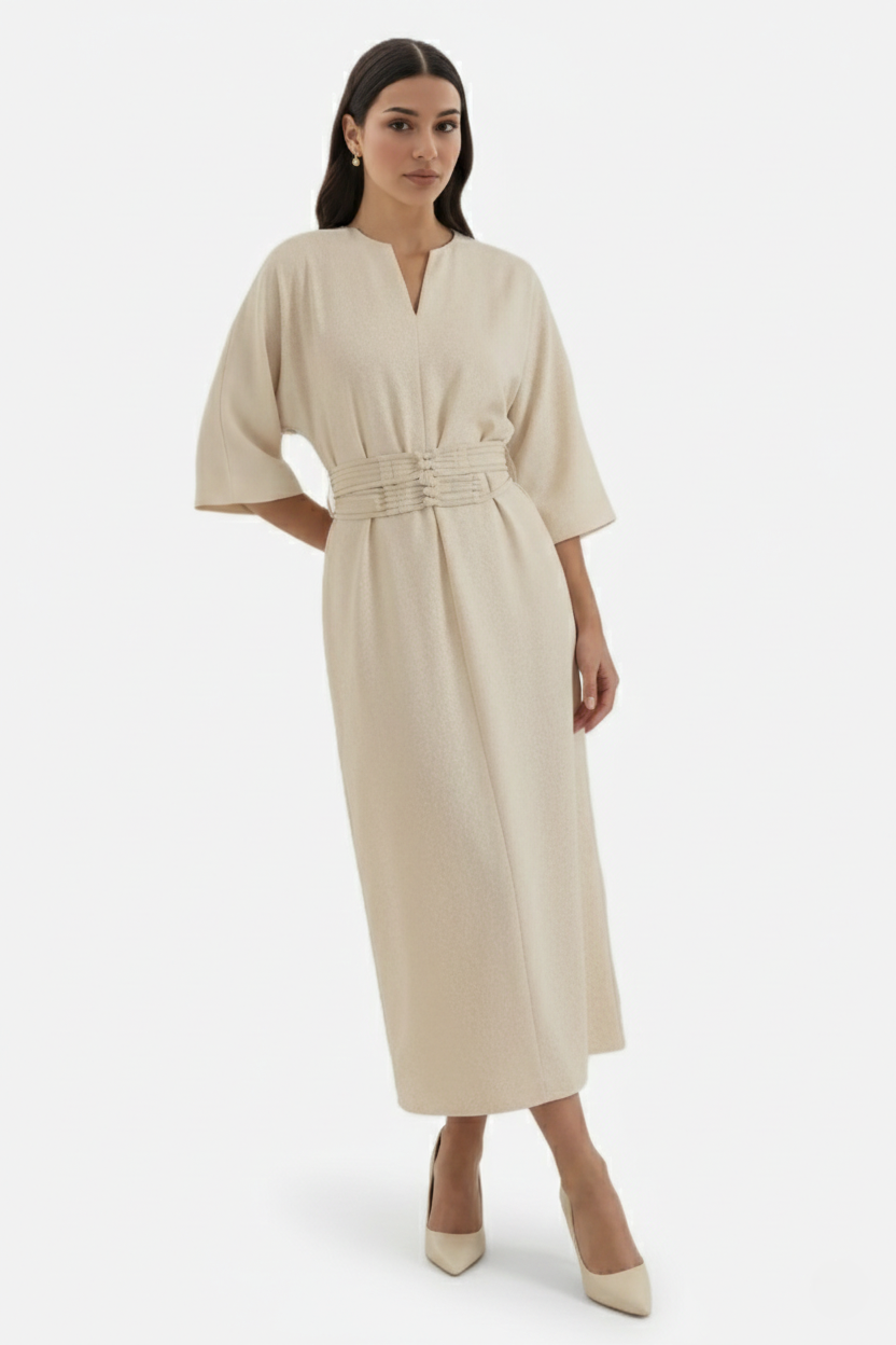 Kaftan Dress with Split Neckline and Pleated Cinch Waist - Siopie