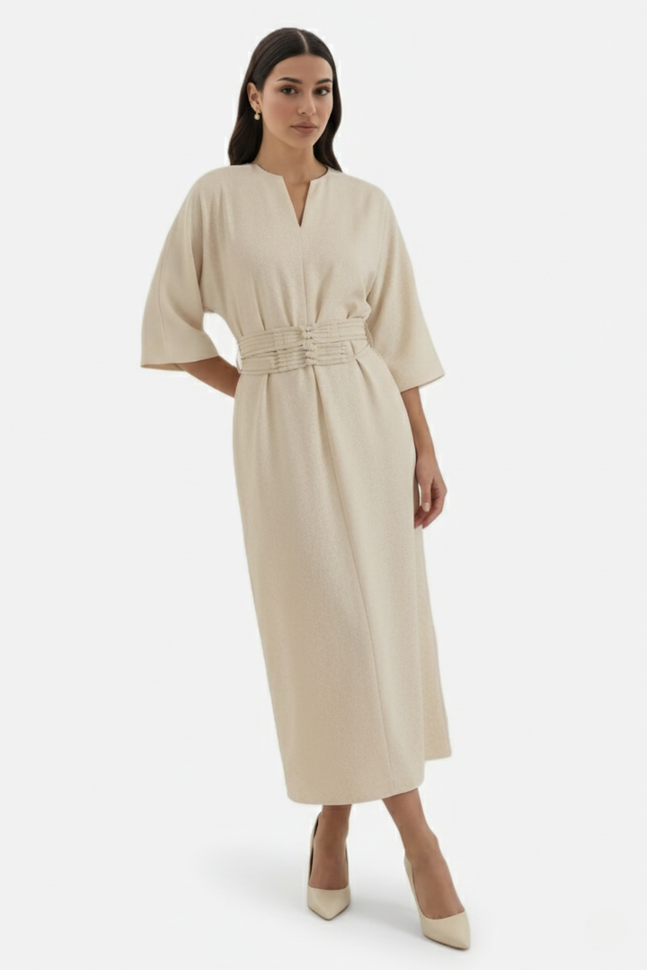 Kaftan Dress with Split Neckline and Pleated Cinch Waist - Siopie