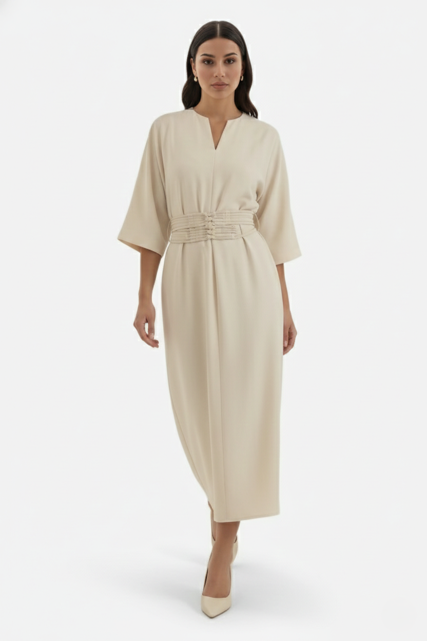 Kaftan Dress with Split Neckline and Pleated Cinch Waist - Siopie
