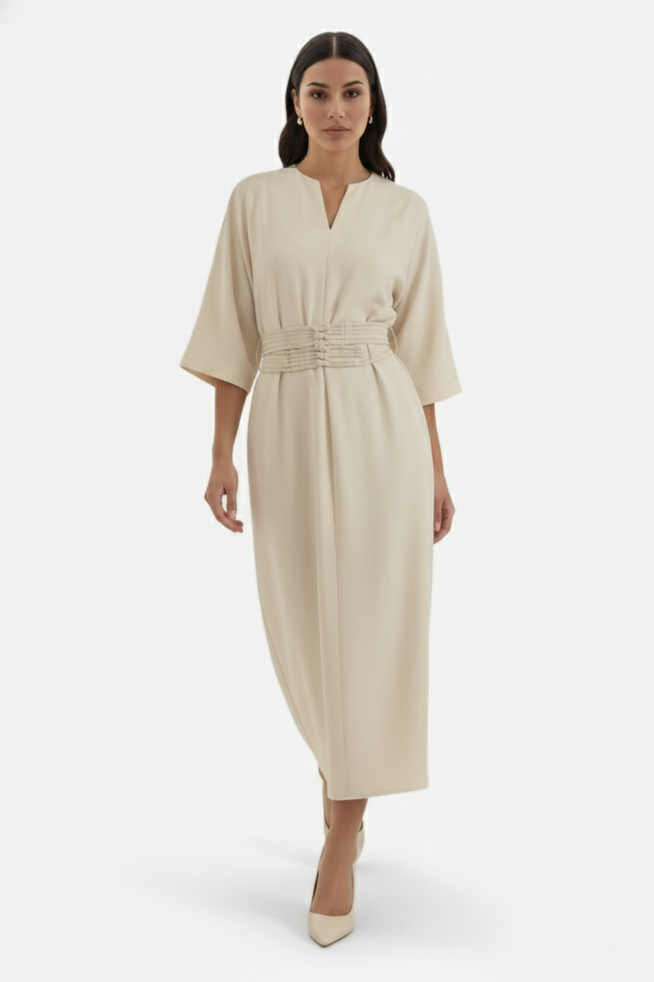 Kaftan Dress with Split Neckline and Pleated Cinch Waist - Siopie
