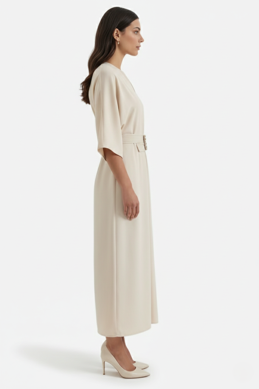 Kaftan Dress with Split Neckline and Pleated Cinch Waist - Siopie
