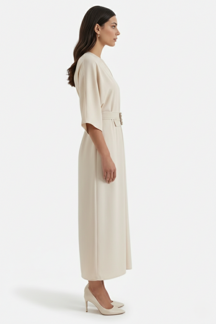 Kaftan Dress with Split Neckline and Pleated Cinch Waist - Siopie
