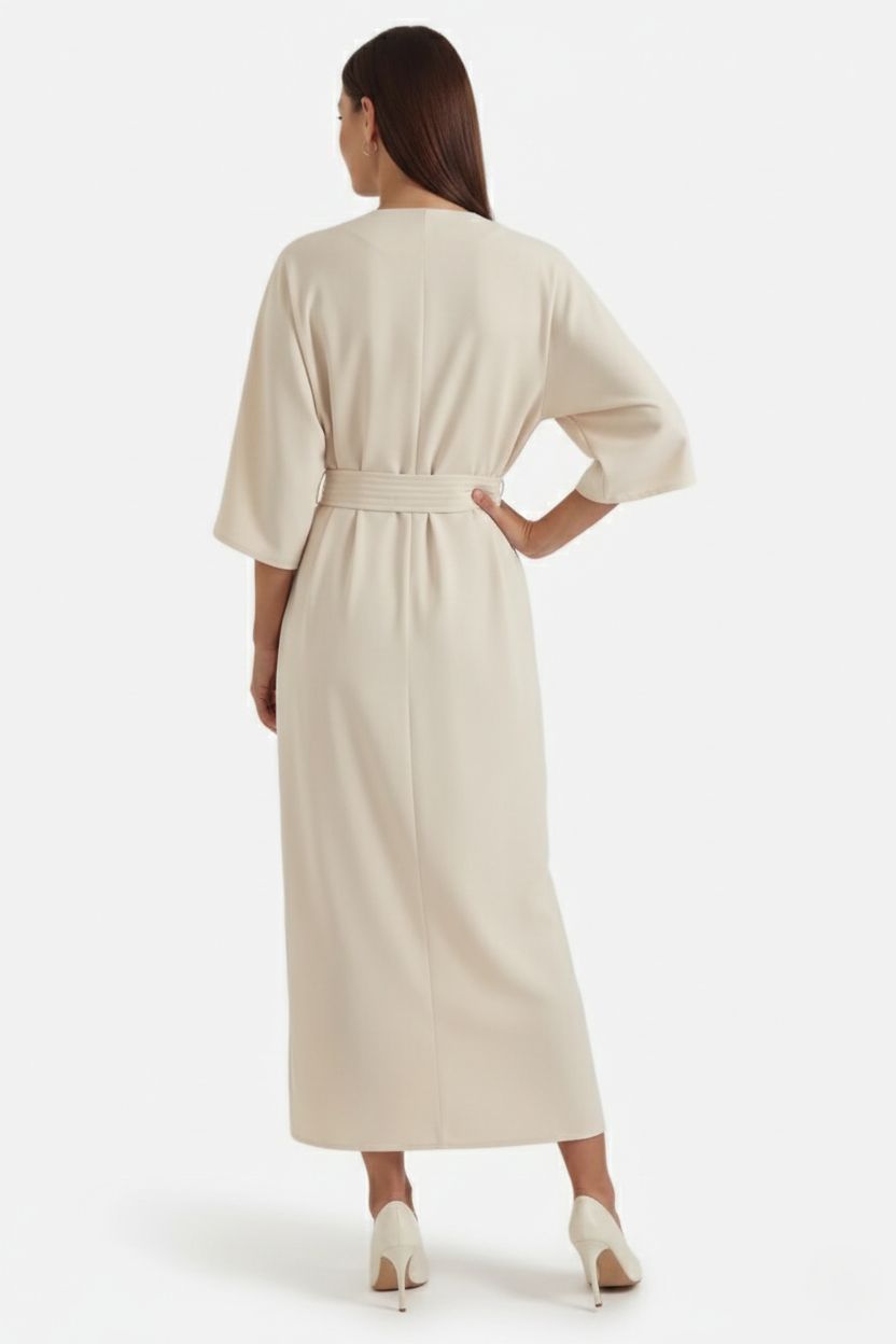 Kaftan Dress with Split Neckline and Pleated Cinch Waist - Siopie
