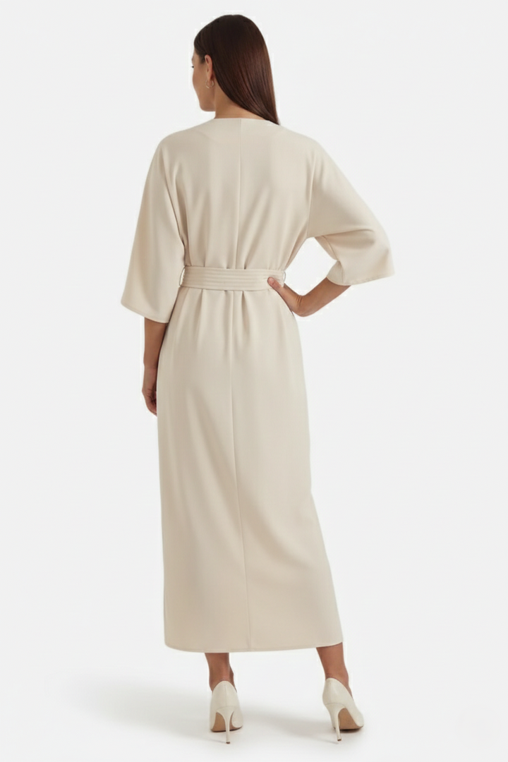 Kaftan Dress with Split Neckline and Pleated Cinch Waist - Siopie