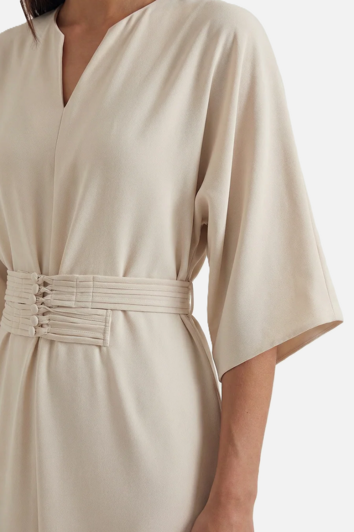 Kaftan Dress with Split Neckline and Pleated Cinch Waist - Siopie