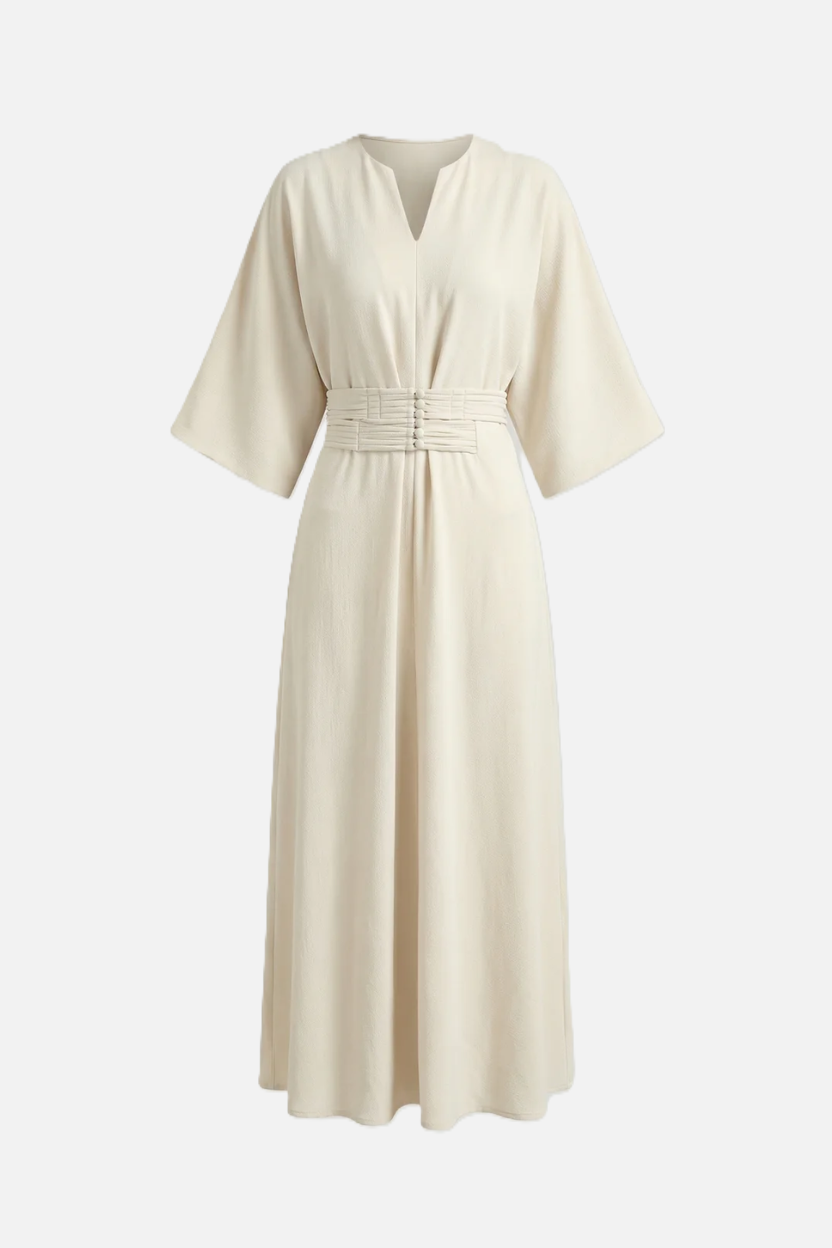 Kaftan Dress with Split Neckline and Pleated Cinch Waist - Siopie
