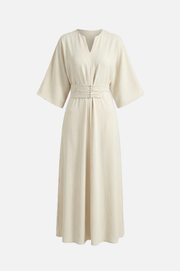 Kaftan Dress with Split Neckline and Pleated Cinch Waist - Siopie
