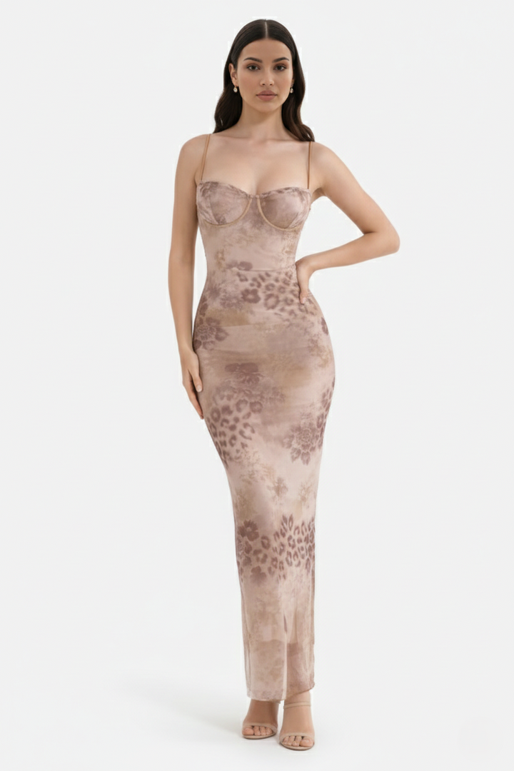 Lace Trim Fitted Maxi Dress with Spaghetti Straps - Siopie
