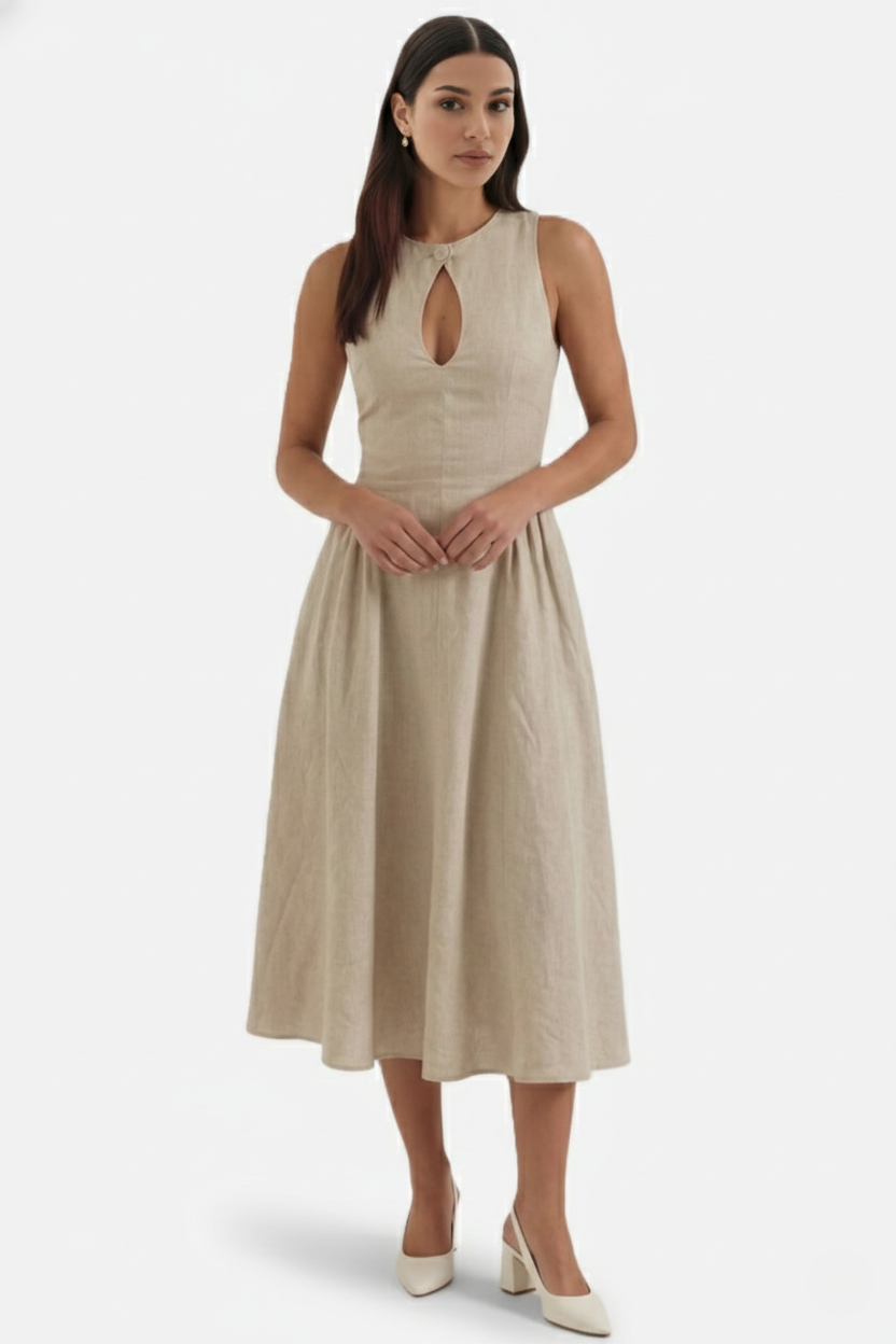 Summer Linen Midi Dress with Keyhole Neckline Fit and Flare - Siopie