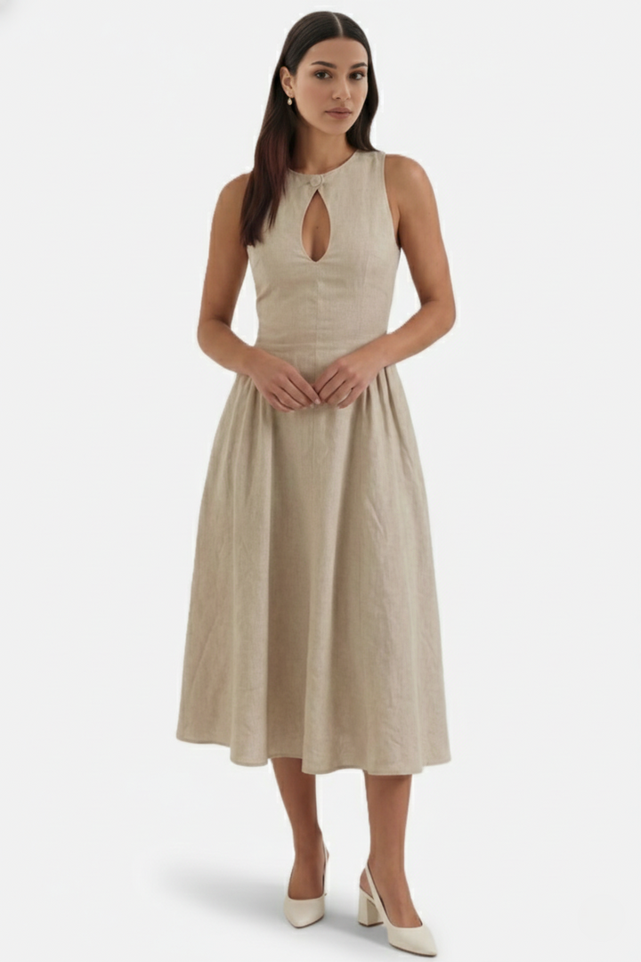 Summer Linen Midi Dress with Keyhole Neckline Fit and Flare - Siopie